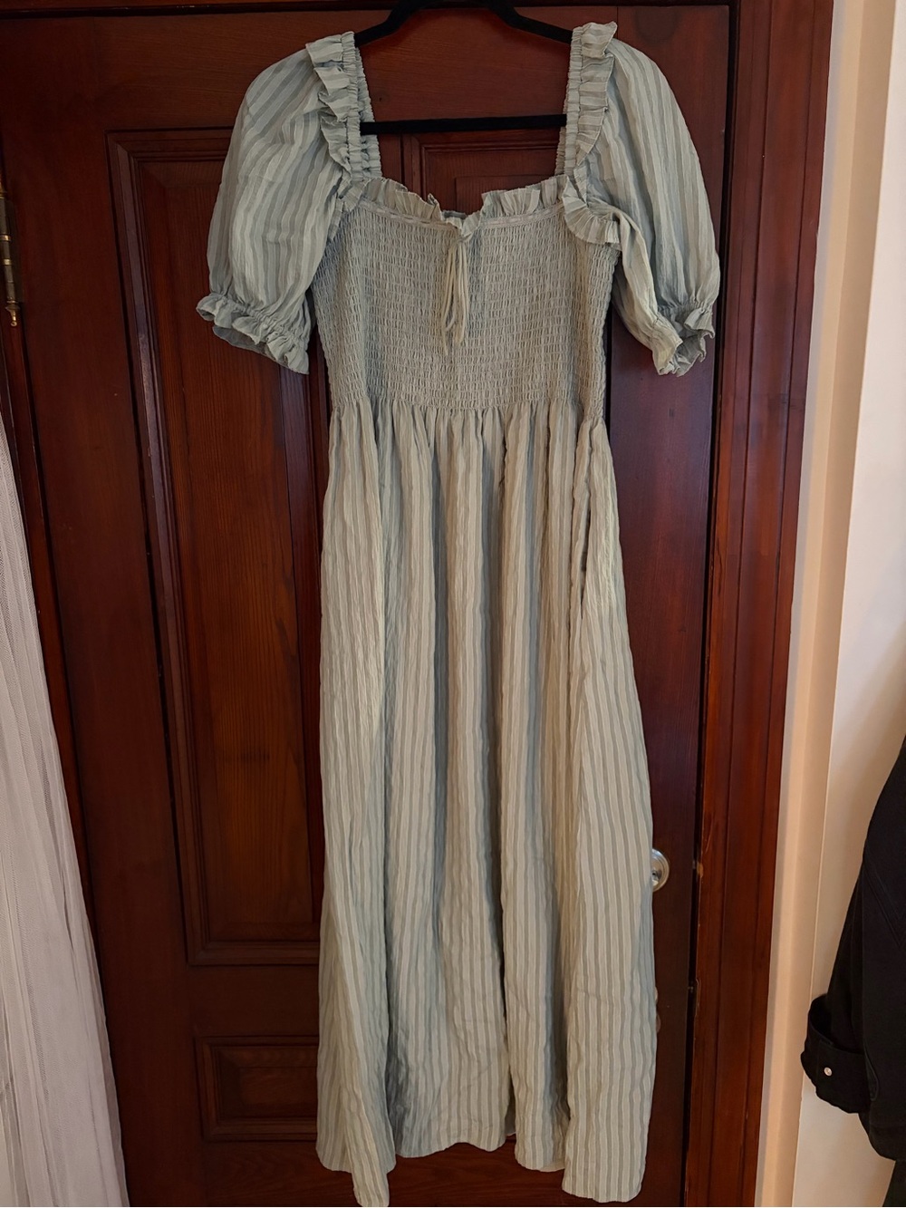 Smocked Square-Neck Maxi Dress in Sage Stripe